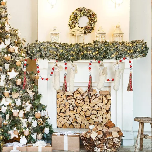 Vista 6 de Guirnalda de cuentas de madera Decro de Navidad, 1 paquete de 40 pulgadas, guirnaldas de madera con cuentas Boha de granja para mesa de centro