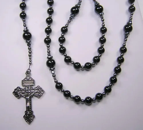 Vista 8 de Rosario negro XLong para hombre de 25 pulgadas, ónix negro católico y jade azul oscuro, collar de piedras preciosas Gunmetal Masculino Católico