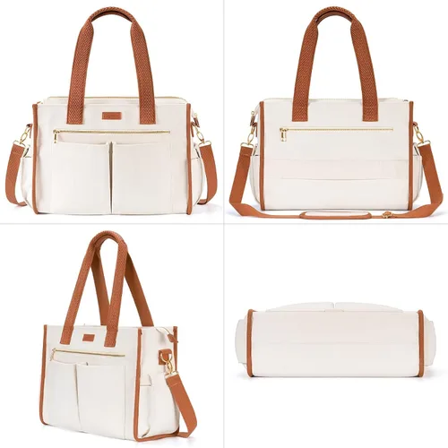 Vista 7 de Bolsa de lona para mujer, bolso cruzado grande de 15 bolsillos, bolsa para computadora portátil, bolsa con cremallera para profesores, trabajo