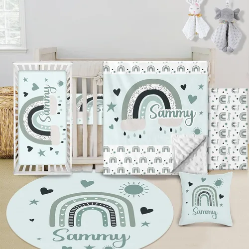 Vista 11 de Juego de ropa de cama personalizado para cuna de bebé, juego de 5 piezas para cuna de bebé, diseños de arcoíris, manta con nombre personalizado
