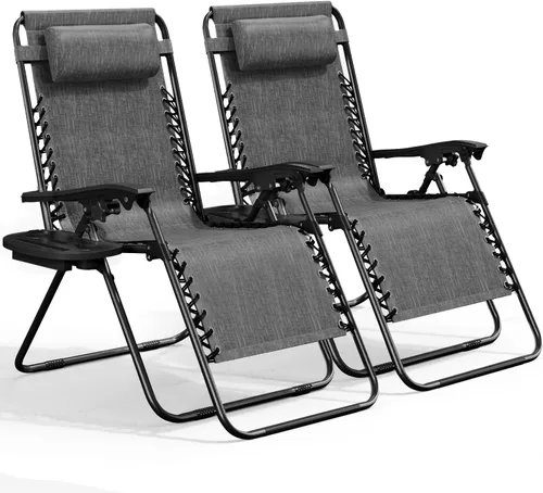 Vista 30 de Nestl Sillas de gravedad cero, juego de 2, silla de patio al aire libre con almohadas y bandejas portavasos, silla reclinable plegable de malla