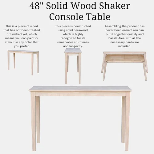Vista 5 de International Concepts - Mesa consola Shaker, 48 pulgadas de largo, madera de parawood maciza, sin terminar