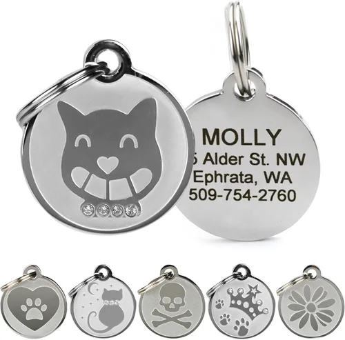 Vista 11 de Placas personalizables para mascotas, de acero inoxidable, para perros y gatos. Grabado personalizable con cuatro líneas de texto, elegante