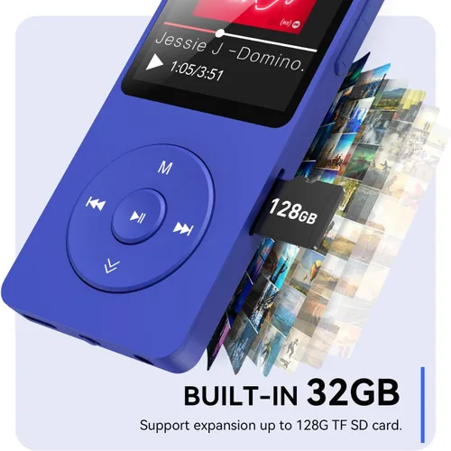 Vista 4 de AGPTEK Reproductor de MP3 A02 con Bluetooth 5.3 y auriculares (azul, 32GB)