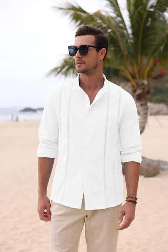 Vista 3 de Pengfei Camisas casuales de lino de algodón para hombre, estilo guayabera, con botones, manga larga, para la playa