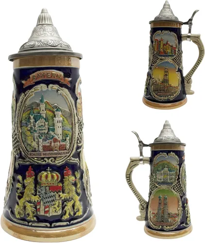 Vista 3 de Essence of Europe Gifts Jarra de cerveza alemana con tapa de 1 litro – Neuschwanstein Village Scenes Beer Steins Mug – Jarra Cervecera Alemana Stein