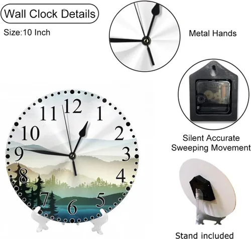 Vista 3 de Reloj de pared de paisaje natural, montaña y lago Natures Hills, árbol en ríos, reloj silencioso de 10 pulgadas sin tictac, funciona