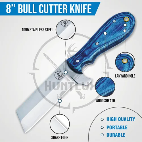 Vista 4 de Cuchillo cortador de toros de acero inoxidable de 8 pulgadas con funda para cinturón, cuchillo vaquero de espiga completa con mango de madera, hoja