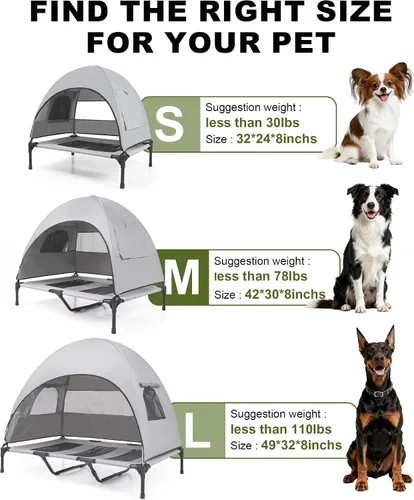 Vista 5 de Cama mediana para perros con toldo UV, catre elevado para perros de hasta 78 libras, tienda de campaña elevada impermeable y resistente a