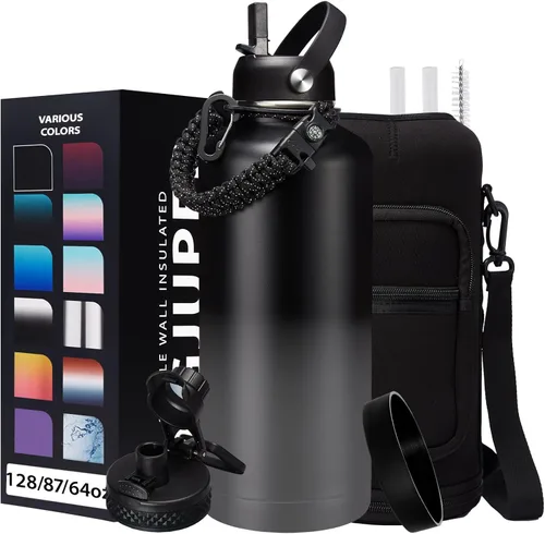 Vista 53 de Botella de agua aislada de 1 galón, con popote y tapa de pico automático, mango de paracord, funda para botella, botella de agua de acero inoxidable