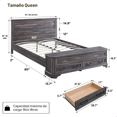 Vista 2 de T4TREAM Cama Queen de granja con cabecera y banco de almacenamiento, cama de plataforma de madera rústica con baúl de almacenamiento de 64 pulgadas
