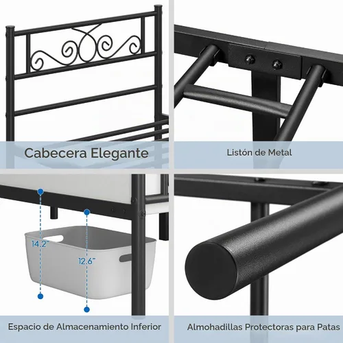 Vista 5 de Yaheetech - Base de cama, plataforma clásica de metal con cabecera y estribo - base de colchón con diseño floral para adultos, niñas, niños Negro