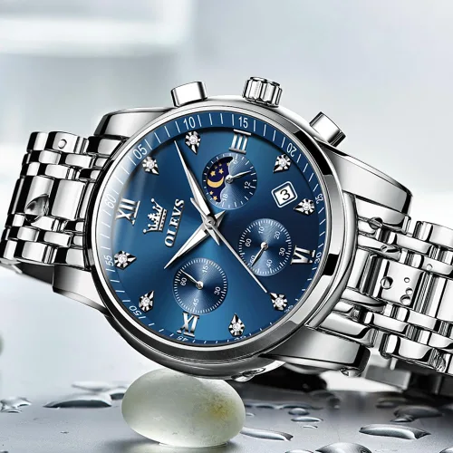 Vista 7 de OLEVS Watch for Men Diamond Business Dress Analog Quartz Stainless Steel Waterproof Luminous Date Two Tone Luxury Casual Wrist Watch Blue