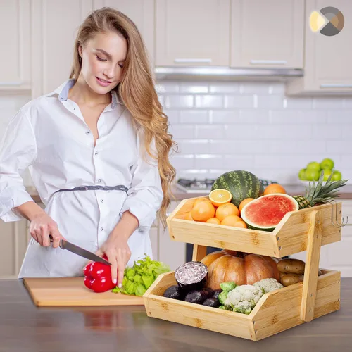 Vista 2 de Cesta de frutas de bambú de 2 niveles para encimera de cocina, encimera de almacenamiento de frutas de gran capacidad, soporte para frutas
