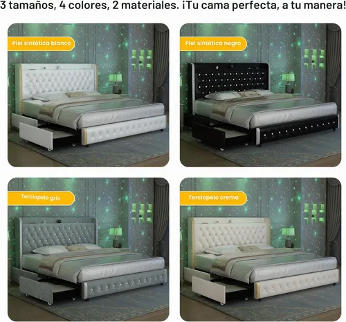 Vista 7 de GEGOFORU Base de cama Queen con luces LED y proyector de galaxia, moderna plataforma con respaldo alado con 4 cajones de almacenamiento, puertos