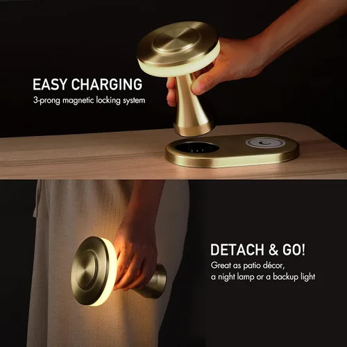 Vista 3 de O'Bright - Lámpara de mesa LED portátil con almohadilla de carga inalámbrica, lámpara de noche regulable y recargable, luz ambiental para Oro