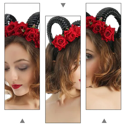 Vista 6 de Beaupretty Diademas de flores de cuerno, Halloween de oveja negra, cuernos de terror, rosa roja, diadema de diablo para cosplay, disfraz de fiesta