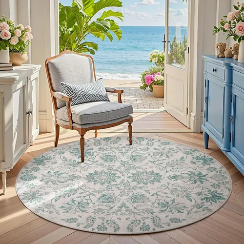 Vista 226 de jinchan Lima - Alfombra simétrica floral geométrica lavable, alfombra de entrada de medio círculo de 2 x 3, alfombra de media luna, suave y Azul