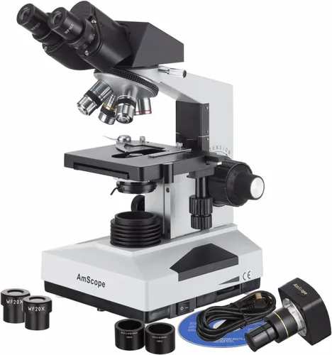 Vista 9 de AmScope Microscopio binocular compuesto B490, Oculares WF10x, Ampliación 40X-1000X, Brightfield, Iluminación halógena, Condensador Abbe, Etapa