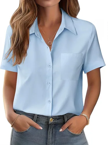Vista 10 de Zeagoo Blusa de manga corta con botones para mujer, con bolsillo en el busto, para negocios, casual, para el trabajo, trajes de verano