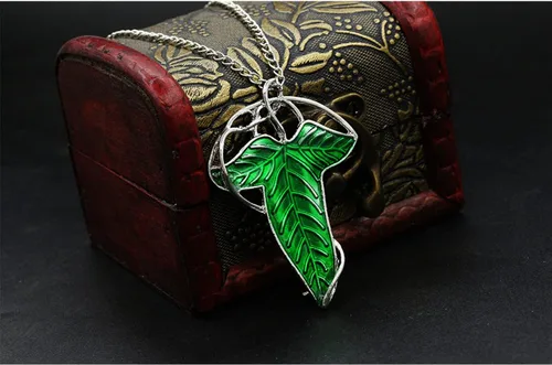 Vista 7 de El único anillo para gobernarlos todos para hombres y mujeres, El señor de los anillos, elegante collar con dije de hoja de árbol verde elfo, broche