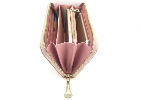 Vista 4 de Cartera RFID de piel de becerro con cremallera en relieve para mujer, rosa con logo, Cartera larga