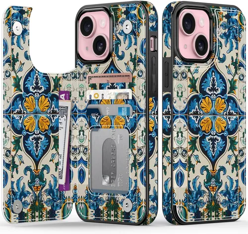 Vista 114 de FUNMIKO Funda tipo cartera para iPhone 15 con tarjetero + clip para efectivo, bloqueo RFID, protección contra caídas de grado militar y obras
