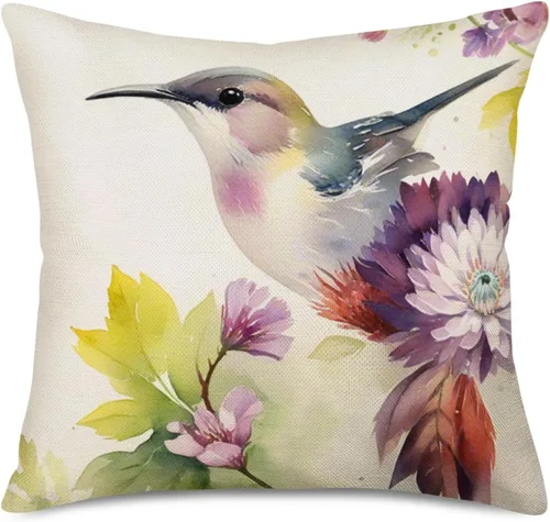 Vista 4 de Juego de 4 fundas de almohada con diseño de colibríes de acuarela, Quetzal resplandeciente de pájaros verdes de naturaleza, fundas de cojín