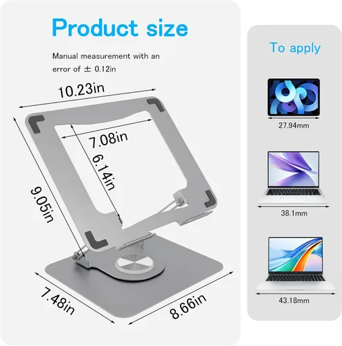 Vista 4 de Soporte ajustable para computadora de escritorio, soporte portátil para laptop con base giratoria de 360°, elevador ergonómico plegable para laptop