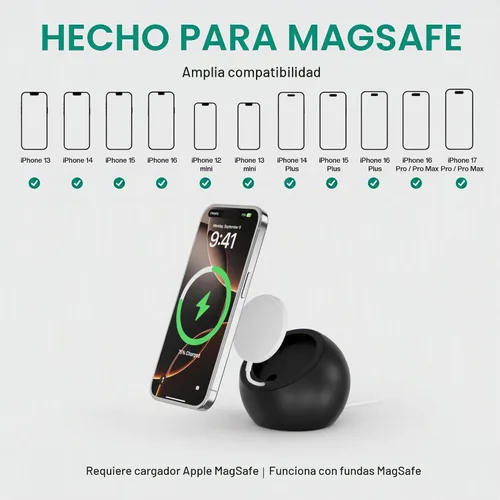 Vista 4 de Soporte de cargador inalámbrico, compatible con MagSafe, iPhone 12-18 Negro