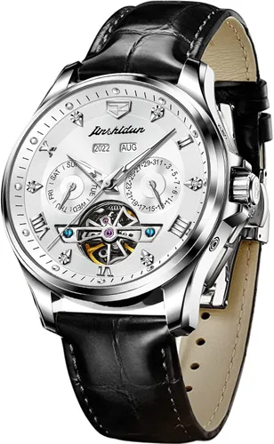 Vista 6 de OLEVS Relojes automáticos de cuero para hombre, esqueleto mecánico, Tourbillon, bisel de acero, reloj de pulsera para hombre, sin batería, correa