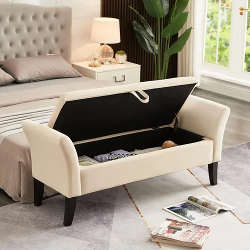 Vista 3 de 51.5" Velvet Storage Bench, Upholstered Button Tufted Design, Bedside Bench with Armrests, Secure Hinged Storage Space, Suitable for Bedroom Living