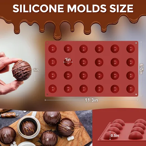 Vista 2 de Moldes de silicona para bombas de chocolate caliente de 24 agujeros, 2 paquetes de mini moldes de semiesfera de 1 pulgada de media esfera para hacer