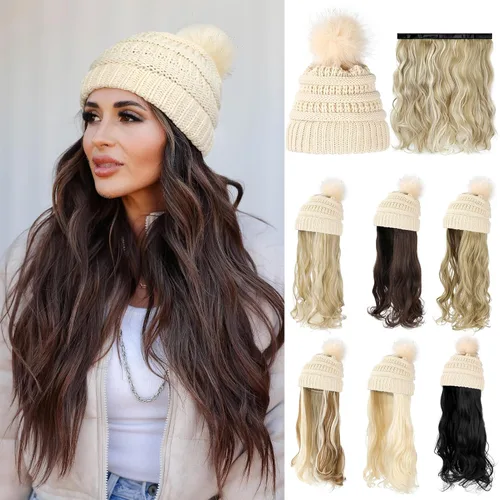 Vista 8 de Gorro Peluca Gorro de Lana con Cabello Extensiones Largas Onduladas Gorro de Punto con Pompón Adjunto de 20" Pieza de Cabello Sintética Removible