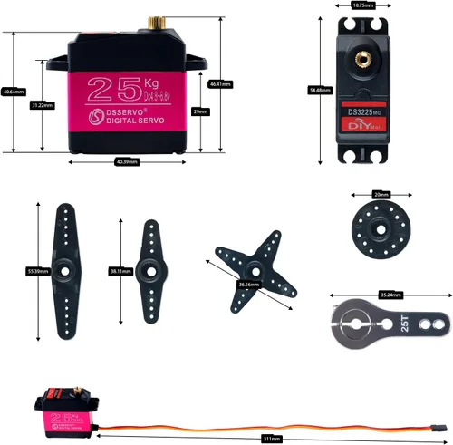 Vista 4 de 4 piezas DSSERVO DS3225MG 55.1 lbs Servos digitales de engranaje de metal impermeable, servo RC de alto torque de 180 grados con brazo servo 25T