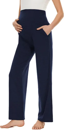 Vista 21 de Ecavus Pantalones de maternidad anchos y rectos para mujer, versátiles, cómodos, palazzo, elásticos, con bolsillos