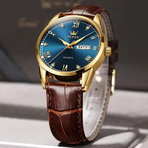 Vista 5 de OLEVS Tienda Watches, reloj de cuero marrón para hombre, reloj de fecha para hombre, reloj luminoso para hombre, reloj de vestir para hombre, reloj