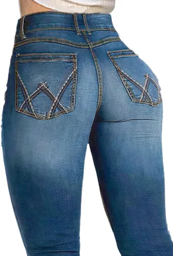 Vista 5 de Flamingals Pantalones de mezclilla con corte de bota para levantamiento de glúteos, elásticos, informales, con control de abdomen, de moda