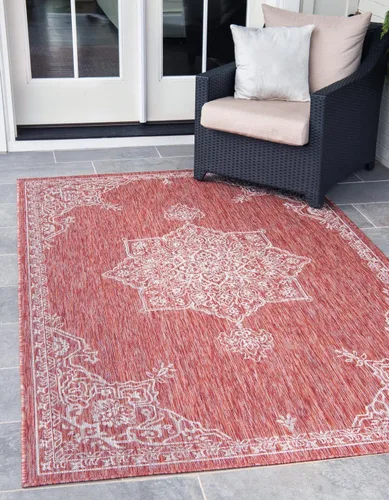 Vista 38 de Unique Loom Alfombra de la colección tradicional para exteriores, antigua (4 pies 1 pulgada, redonda, verde azulado/gris)