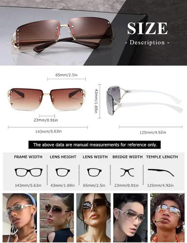 Vista 5 de kimorn Lentes de sol rectangulares para mujeres y hombres, elegantes sin montura y sin marco, modernos lentes de sol retro de los años 90, marco