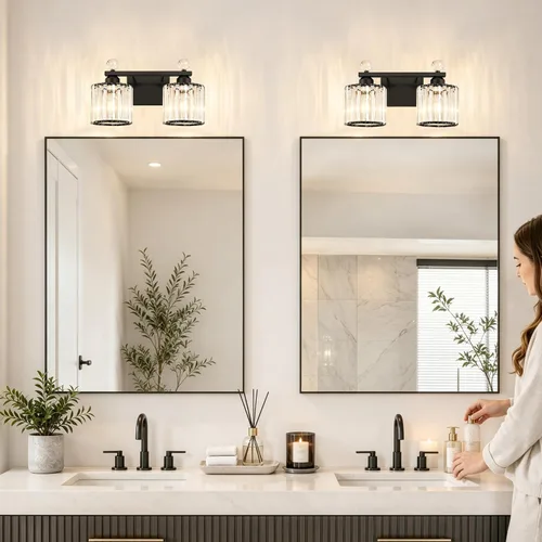 Vista 2 de Lxybcce Moderna lámpara de tocador de baño de cristal, 14 pulgadas, 2 luces, accesorios de luz negra sobre el espejo, fácil instalación e