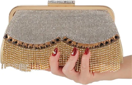 Vista 2 de Bolsos de embrague de oro para las mujeres bolsos de noche diamantes de imitación borla lujoso pequeño bolso de Crossbody