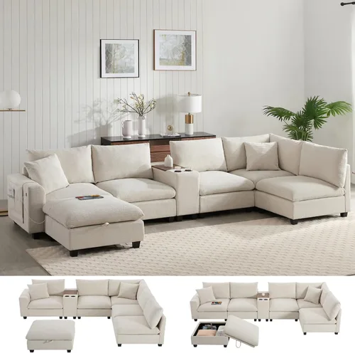 Vista 10 de Sofá modular de 103 pulgadas con 2 consolas acrílicas, juego de sofá en forma de U de gran tamaño con cargador USB, cajones de almacenamiento, Beige