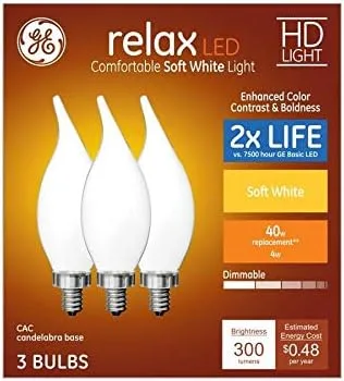 Vista 2 de GE Relax - Juego de 3 bombillas LED Ca11 equivalentes a 40 W, regulables, color blanco suave esmerilado Base de candelabro, bombillas de lámpara