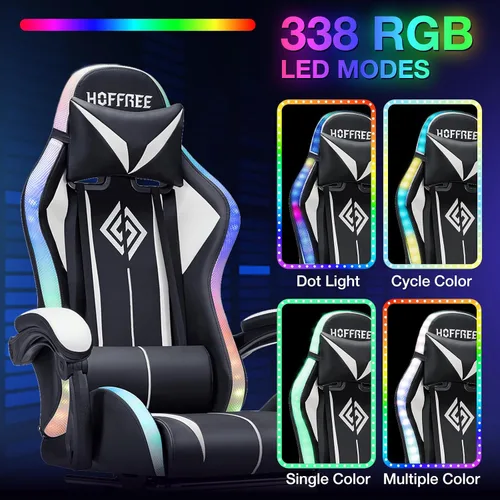 Vista 4 de HOFFREE - Silla LED para juegos con luces RGB de masaje, color blanco Blanco + Negro