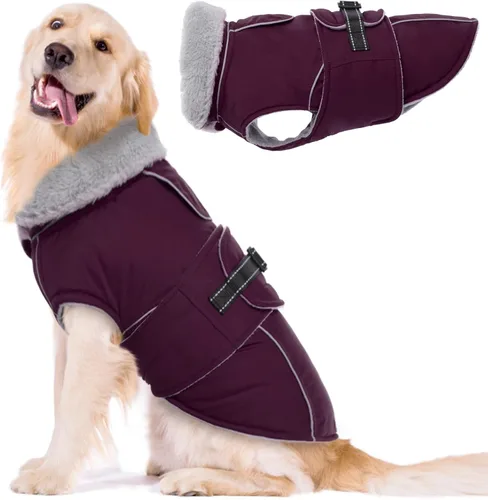 Vista 23 de Lelepet Abrigo cálido para perros – Chaleco reflectante impermeable de vellón con hebilla ajustable de gancho y bucle, chaqueta de invierno Rojo