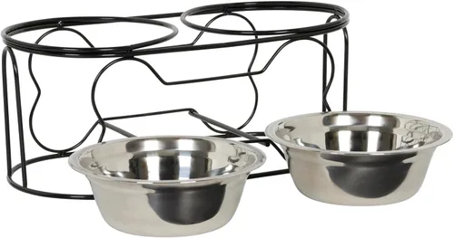 Vista 6 de YML Soporte de hierro forjado de 5 pulgadas con pequeño tazón de alimentador doble de acero inoxidable
