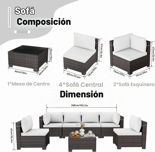 Vista 2 de CHABATREE Juego de 7 muebles de patio al aire libre, juego seccional de conversación de ratán, sofá de mimbre de tejido manual con mesa de té