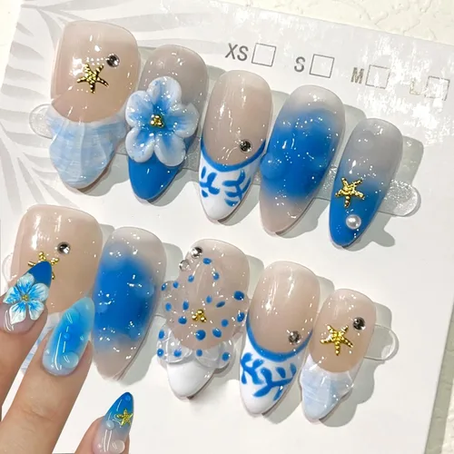 Vista 35 de 24 piezas de uñas postizas de punta francesa a presión, uñas postizas medianas en forma de almendra con diseño de ondas azul oscuro, uñas postizas
