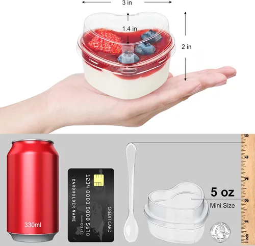 Vista 2 de TOFLEN Vasos de postre en forma de corazón de 5 onzas con tapas y cucharas, 300 unidades, sirve 100 unidades, mini vasos de plástico para postres